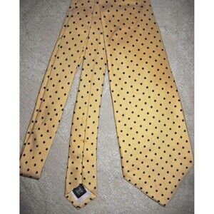 Vtg Polo Ralph Lauren hand made light yellow silk tie w navy blue polka dots